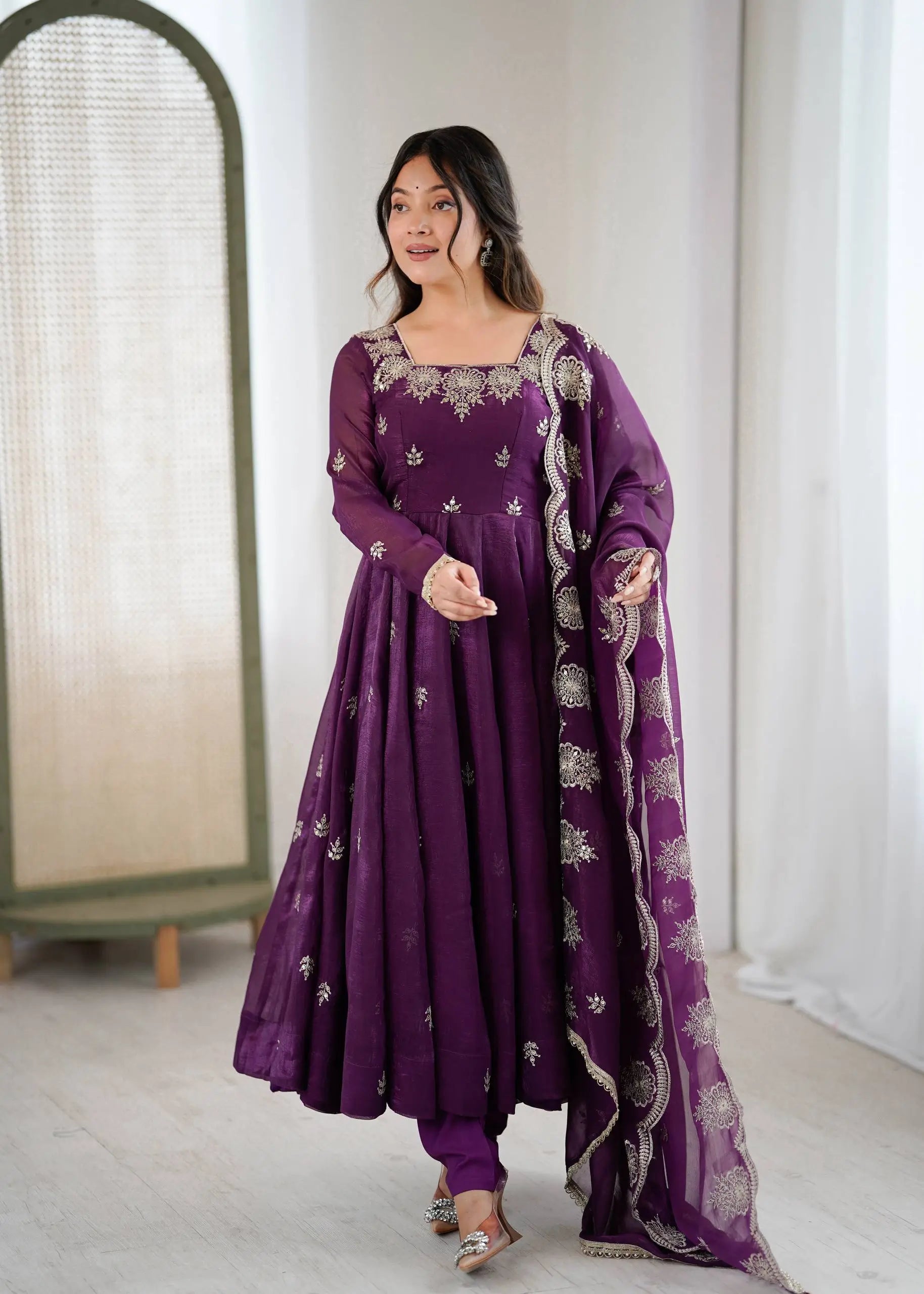 Embroidered Crunchy Silk Anarkali Gown Set