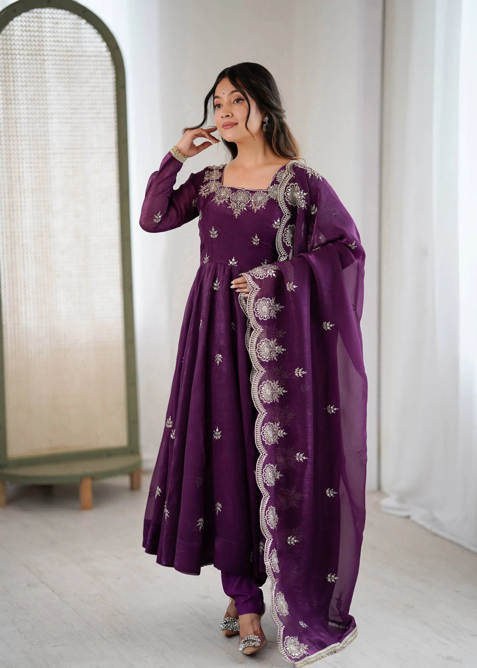 Embroidered Crunchy Silk Anarkali Gown Set