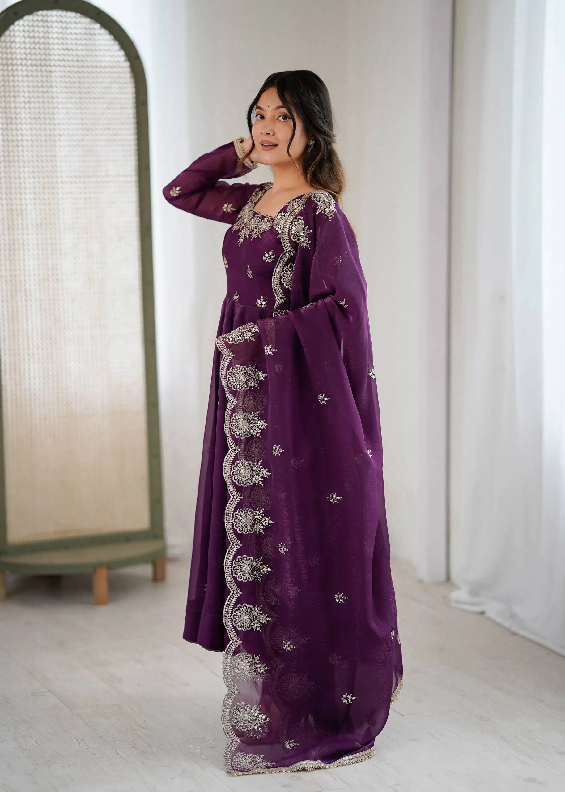 Embroidered Crunchy Silk Anarkali Gown Set