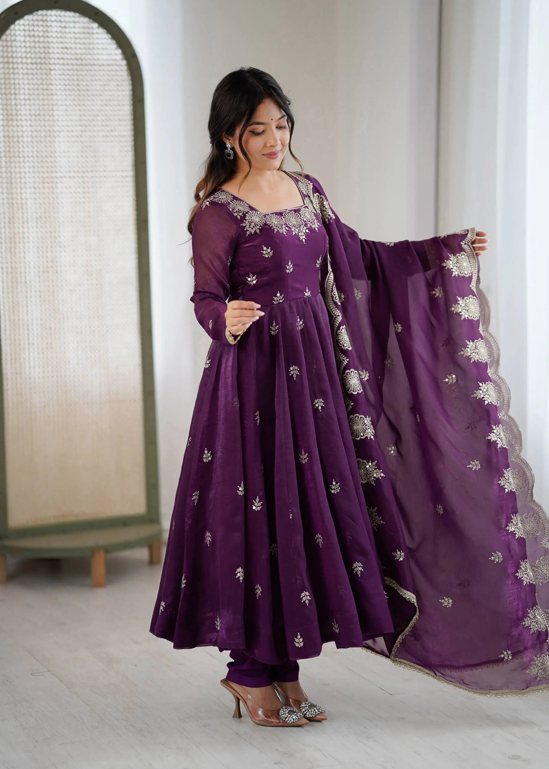 Embroidered Crunchy Silk Anarkali Gown Set