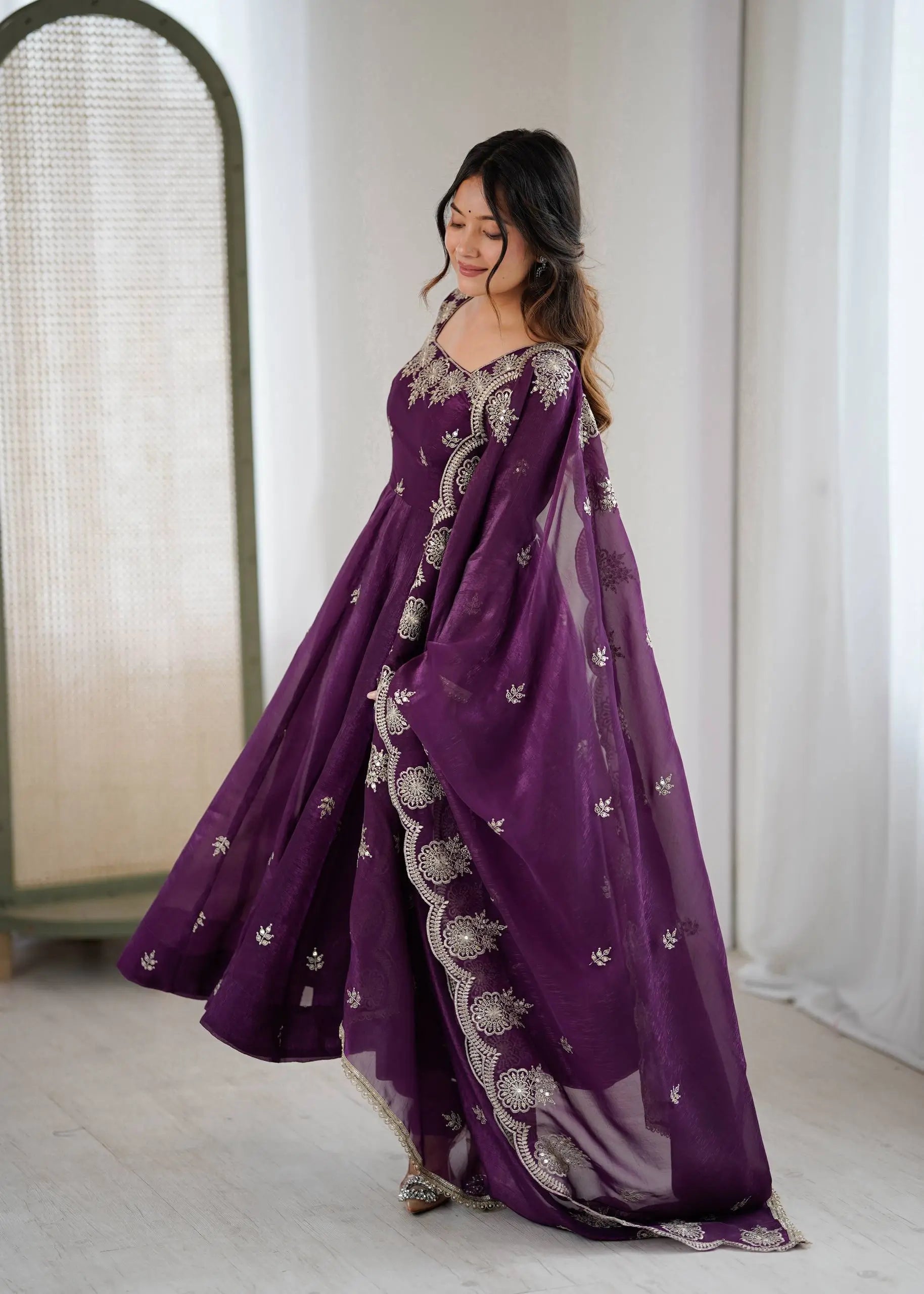 Embroidered Crunchy Silk Anarkali Gown Set