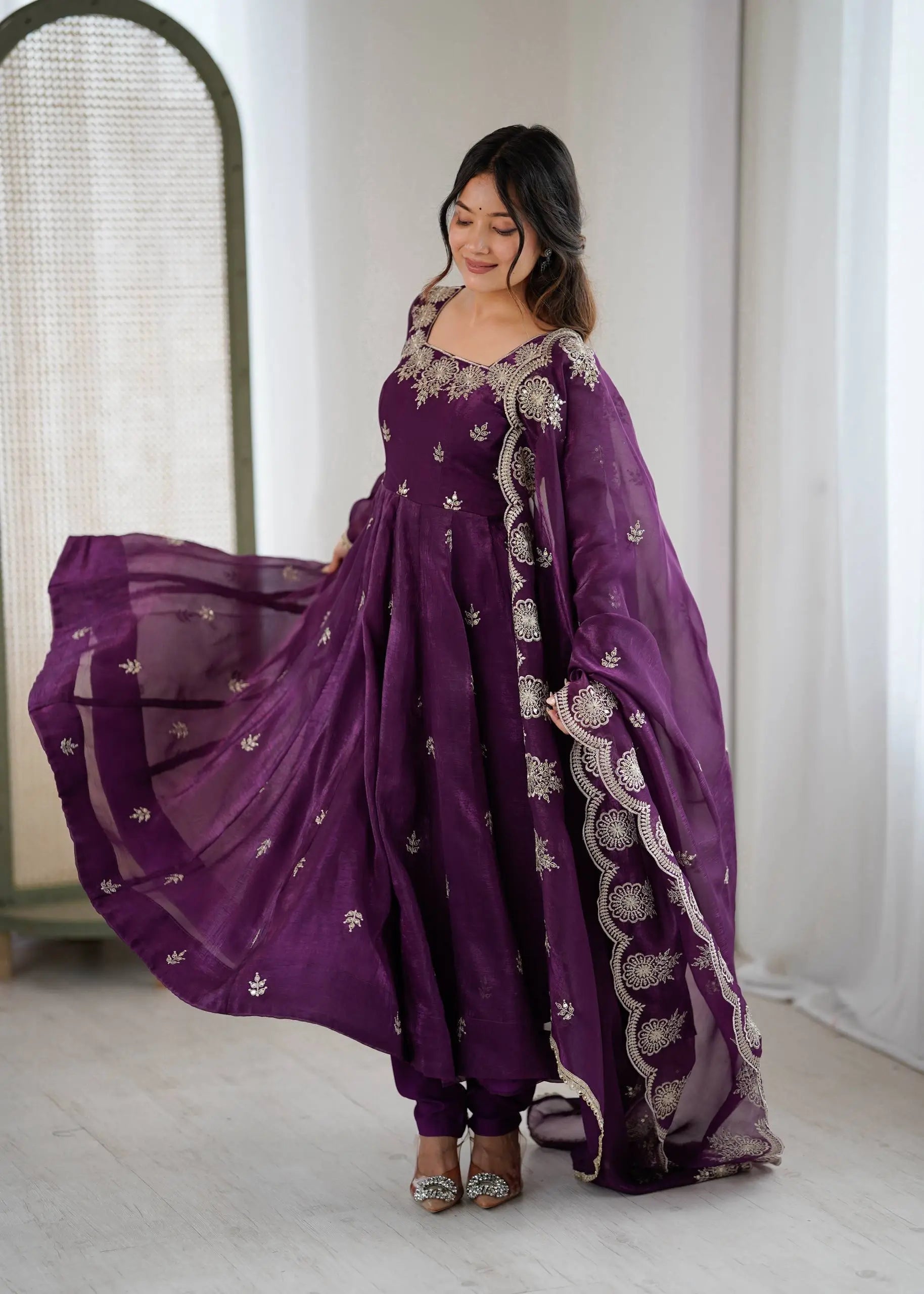 Embroidered Crunchy Silk Anarkali Gown Set