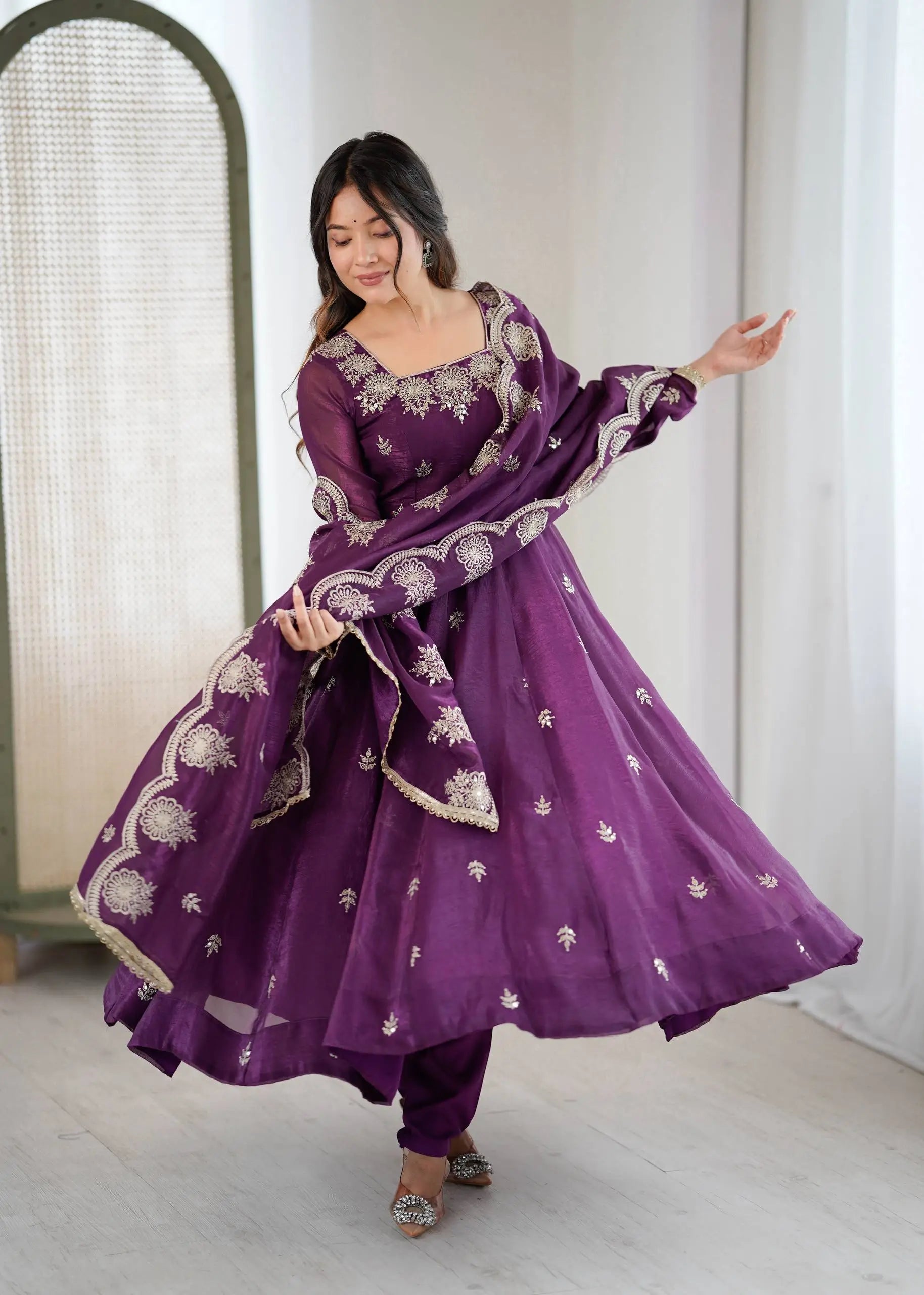 Embroidered Crunchy Silk Anarkali Gown Set