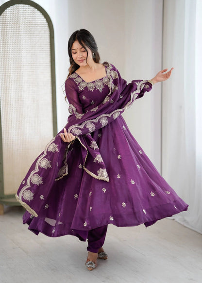 Embroidered Crunchy Silk Anarkali Gown Set