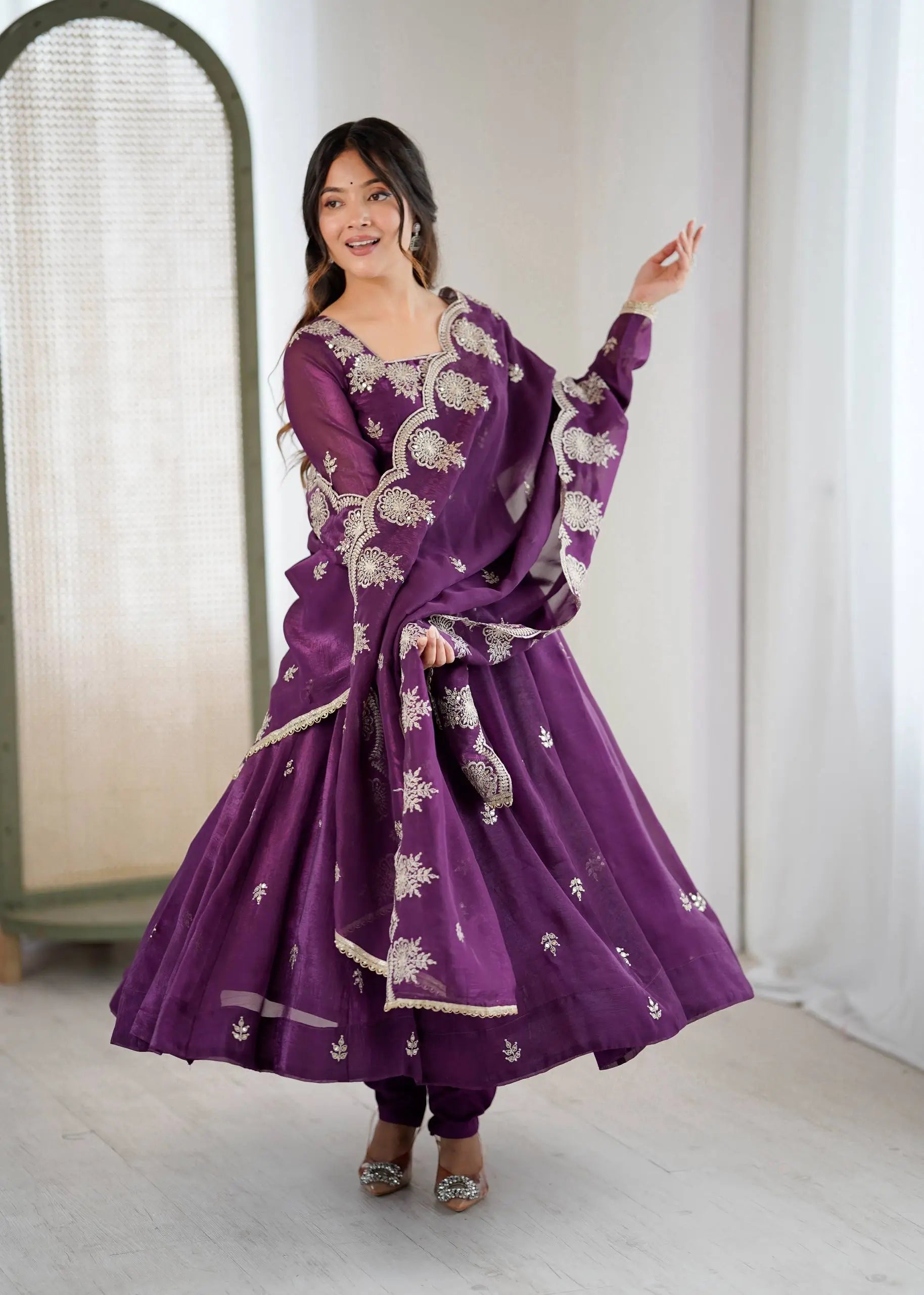 Embroidered Crunchy Silk Anarkali Gown Set