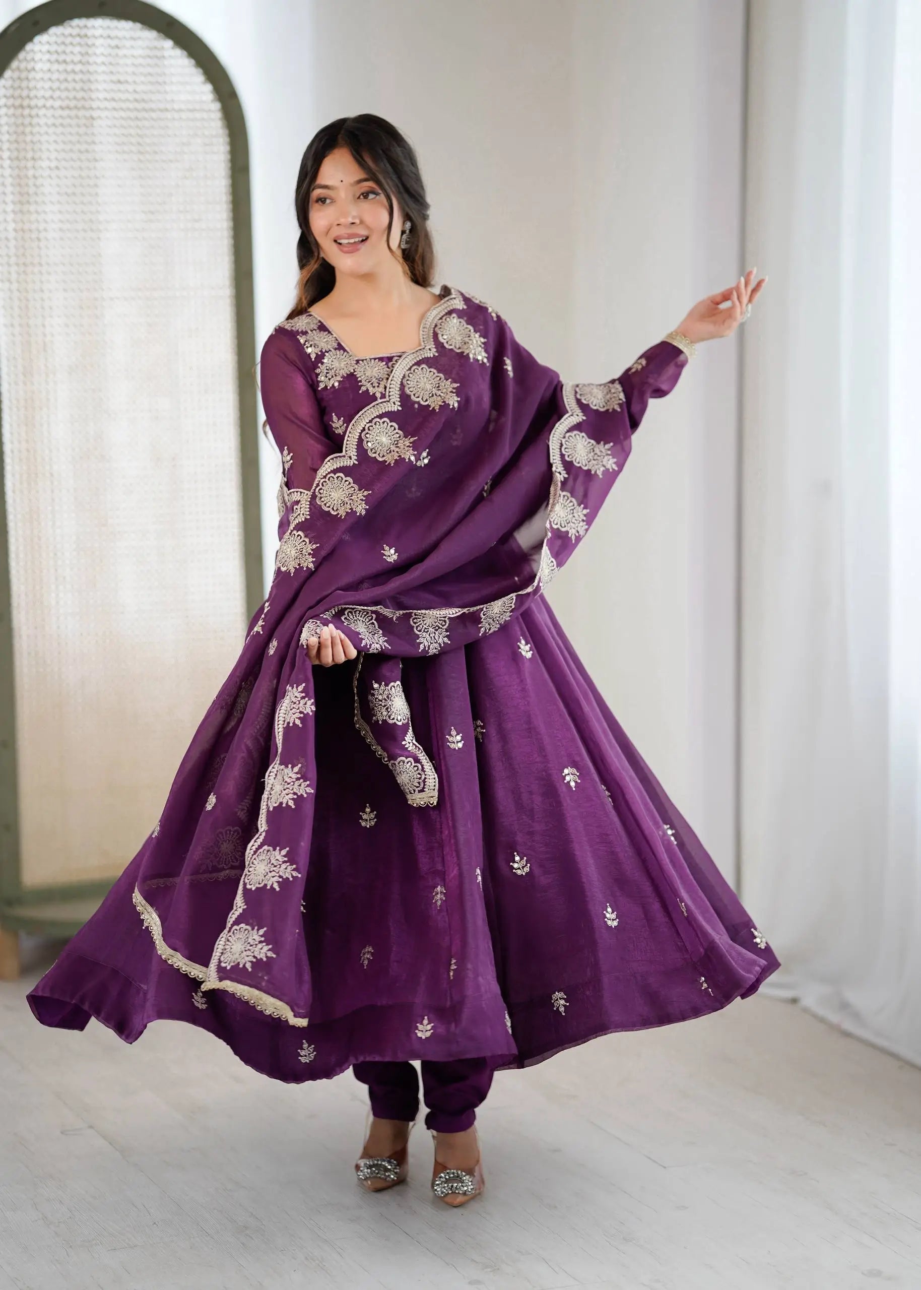 Embroidered Crunchy Silk Anarkali Gown Set