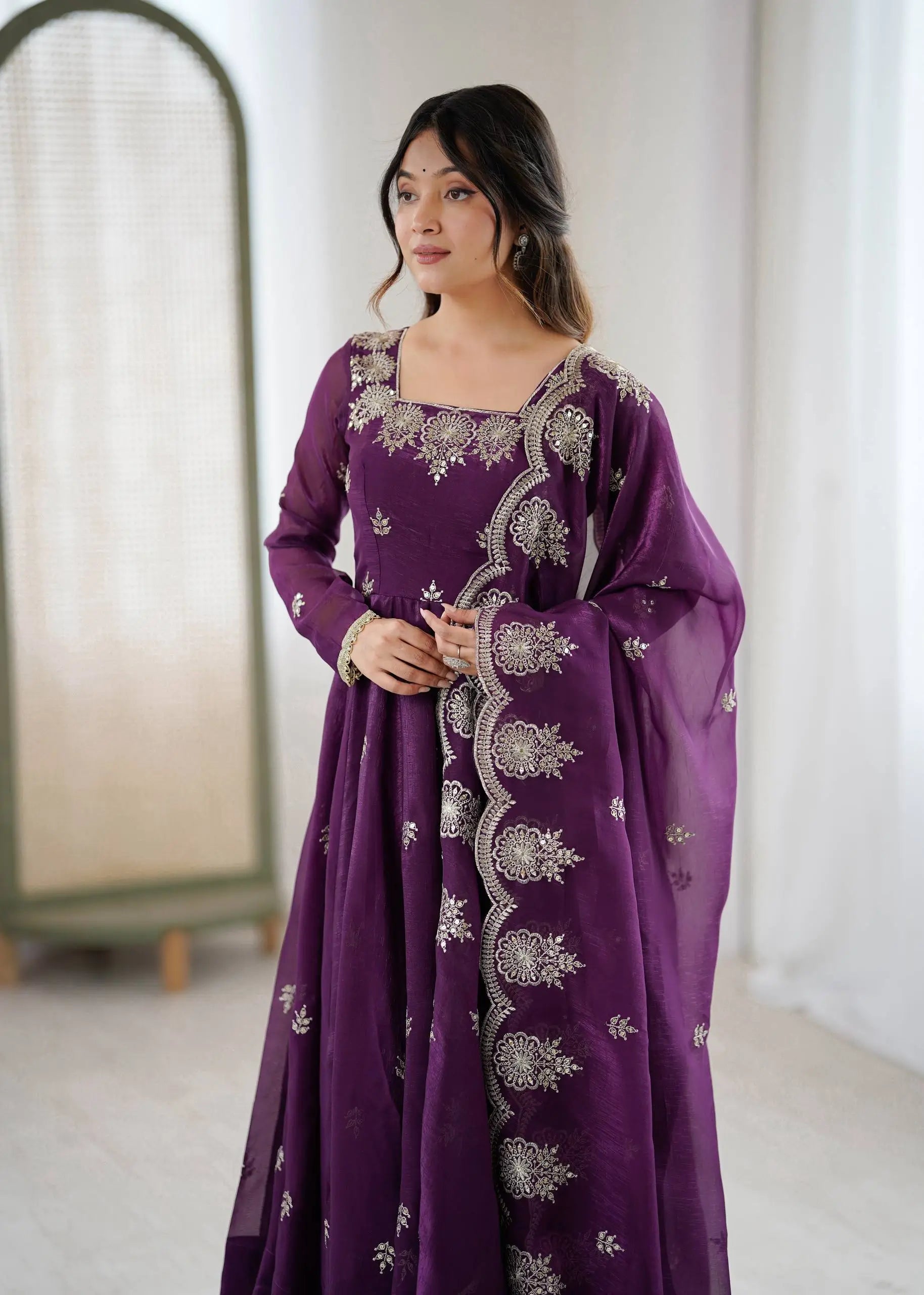 Embroidered Crunchy Silk Anarkali Gown Set
