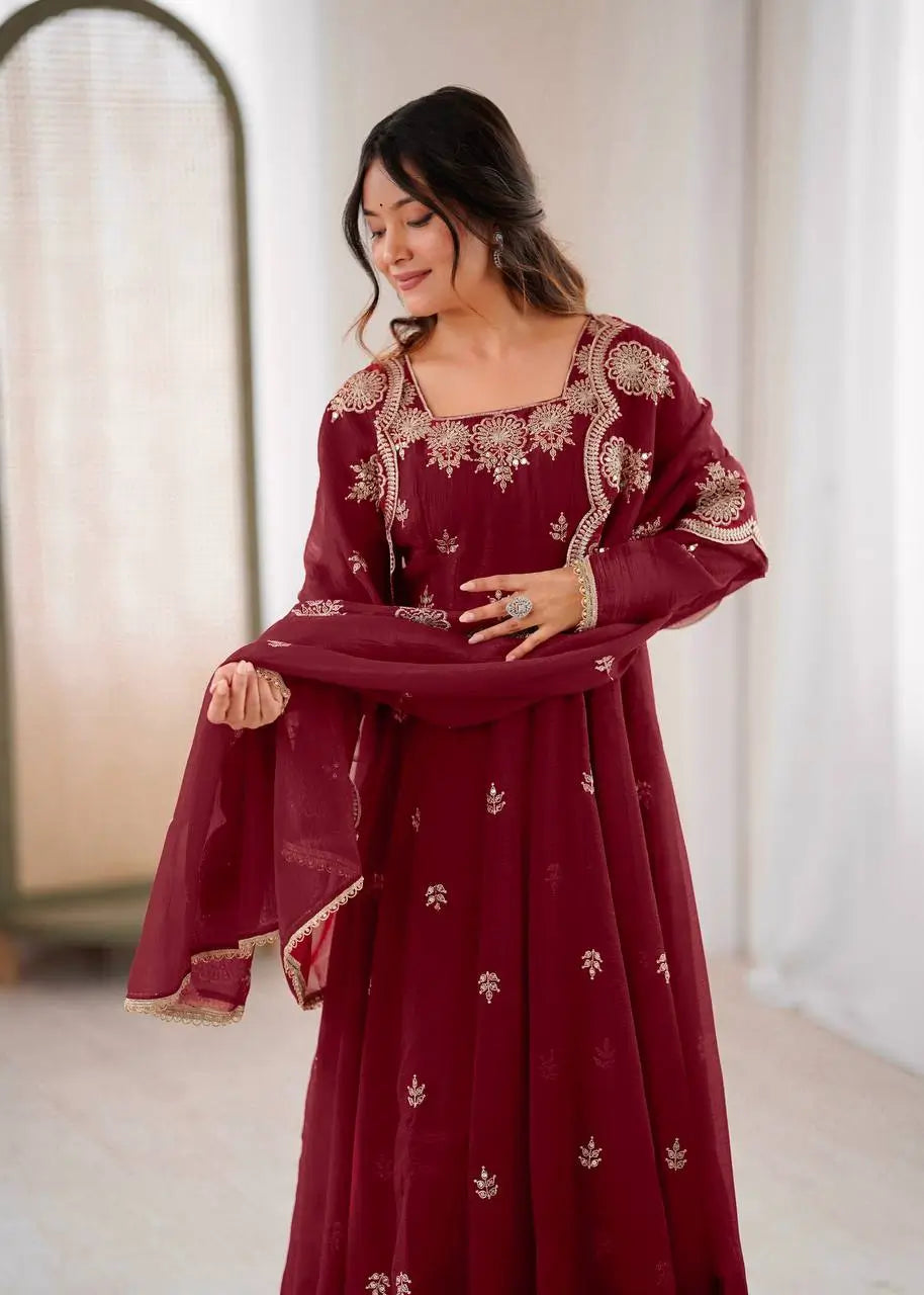 Embroidered Crunchy Silk Anarkali Gown Set