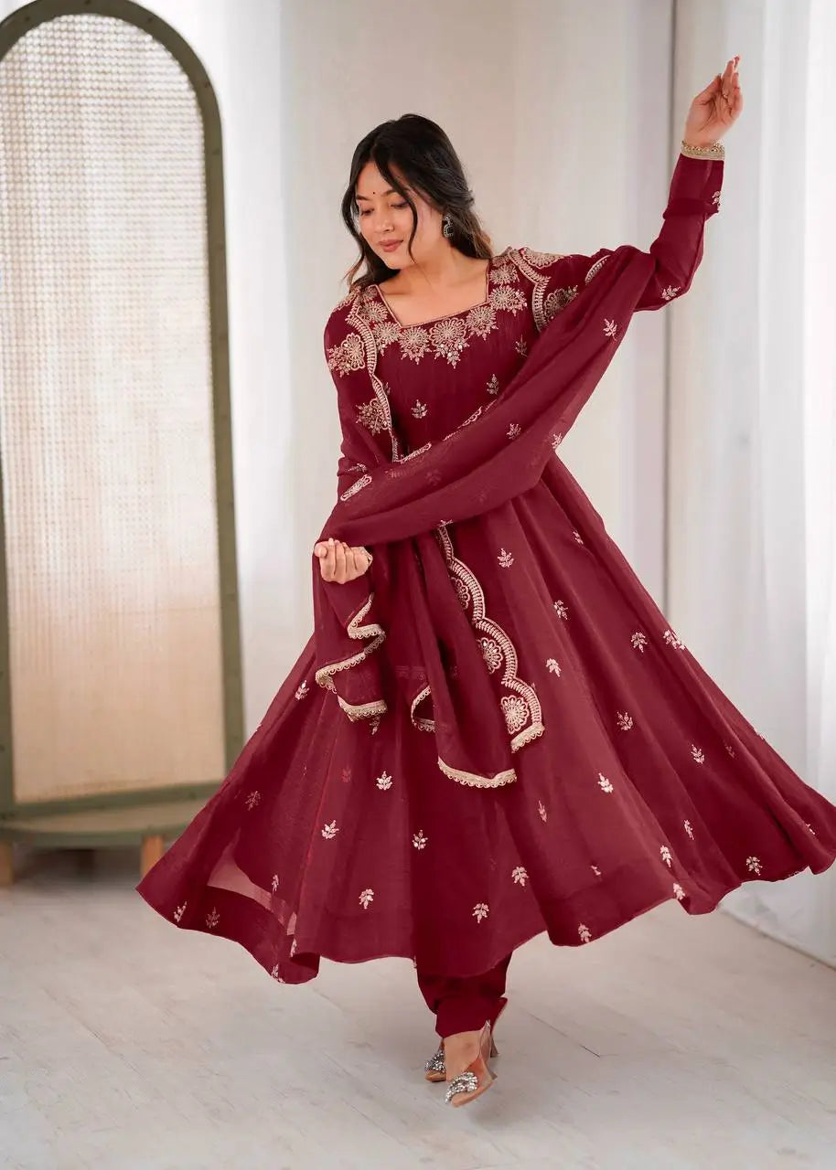 Embroidered Crunchy Silk Anarkali Gown Set