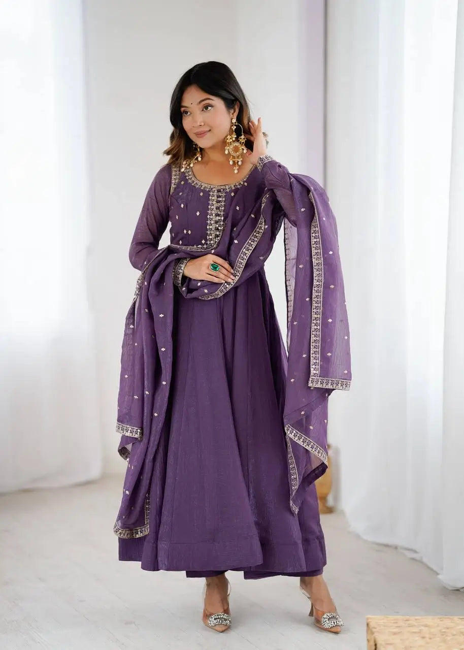 Embroidered Crunchy Silk Anarkali Gown Set With Dupatta