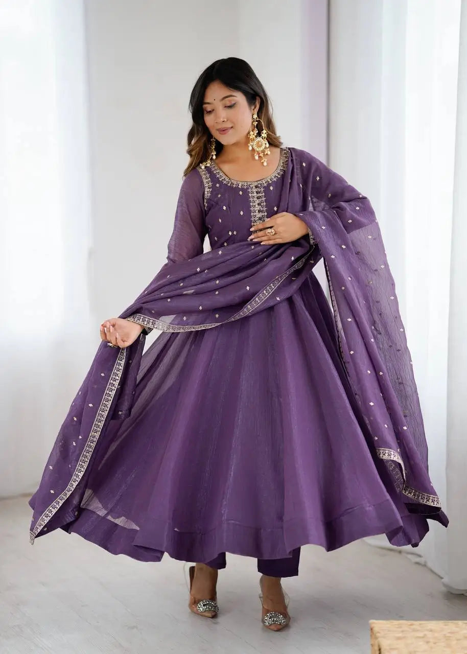 Embroidered Crunchy Silk Anarkali Gown Set With Dupatta
