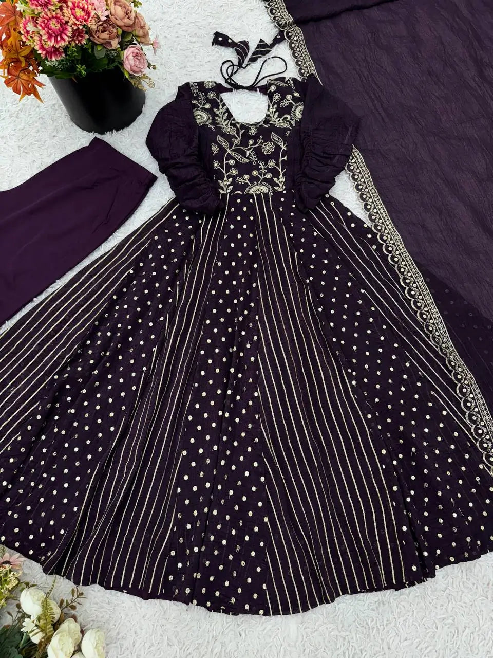 Embroidered Crunchy Silk Anarkali Gown Set with Dupatta