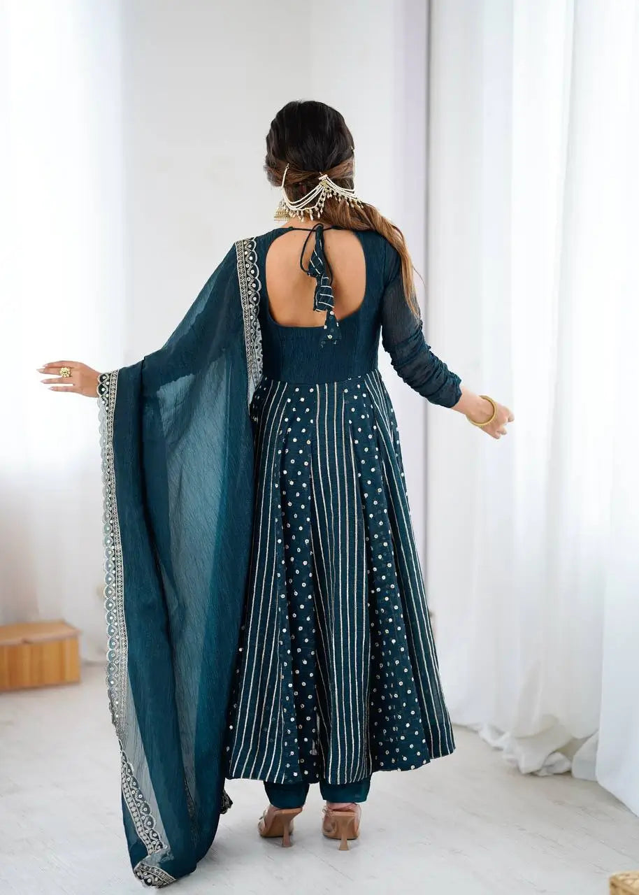 Embroidered Crunchy Silk Anarkali Gown Set with Dupatta
