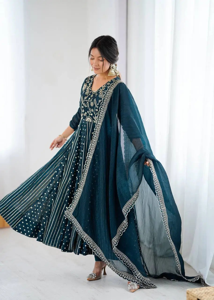 Embroidered Crunchy Silk Anarkali Gown Set with Dupatta