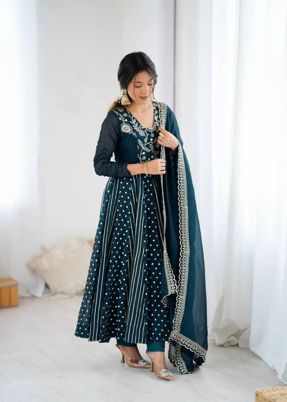 Embroidered Crunchy Silk Anarkali Gown Set with Dupatta