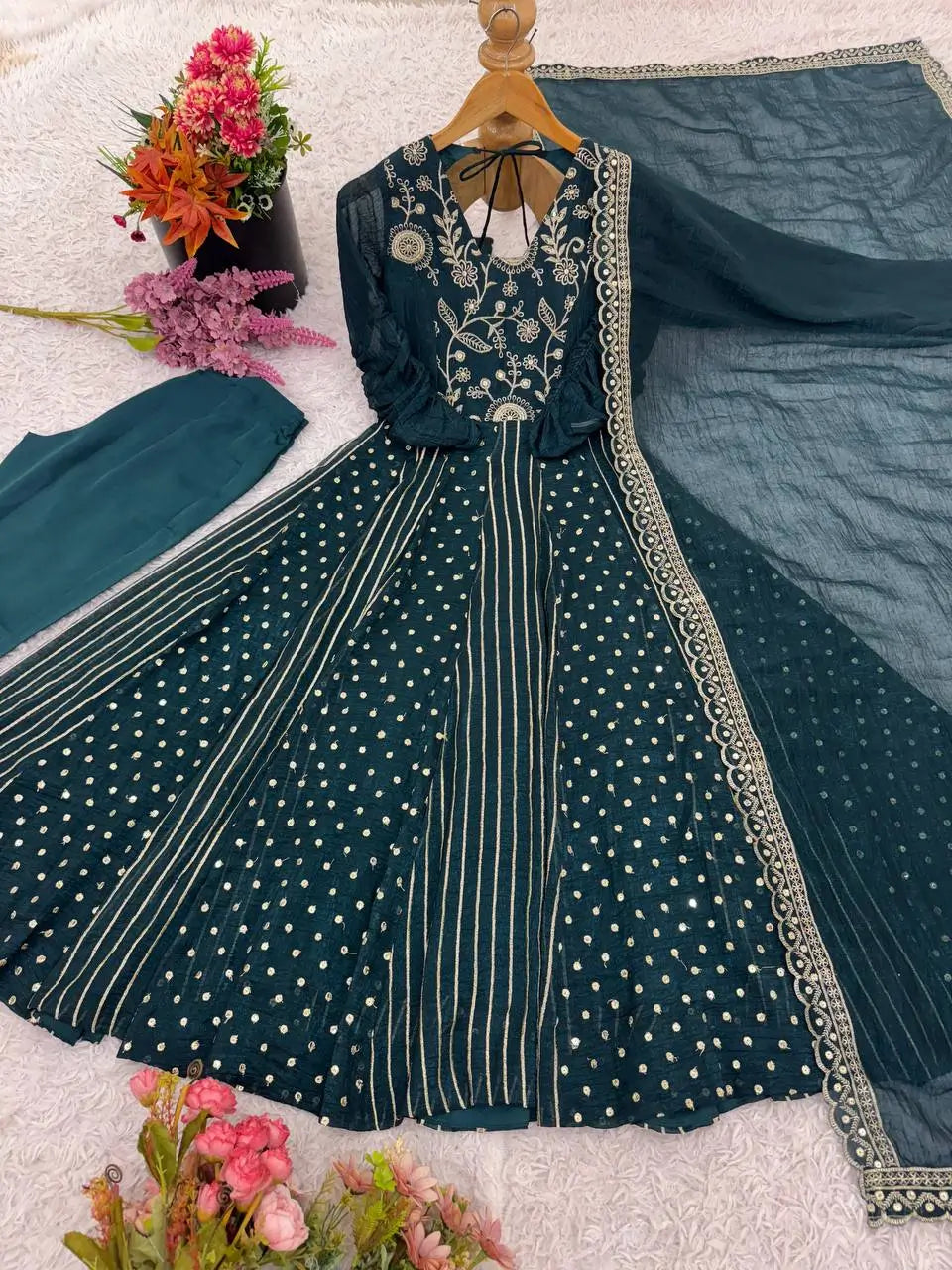 Embroidered Crunchy Silk Anarkali Gown Set with Dupatta