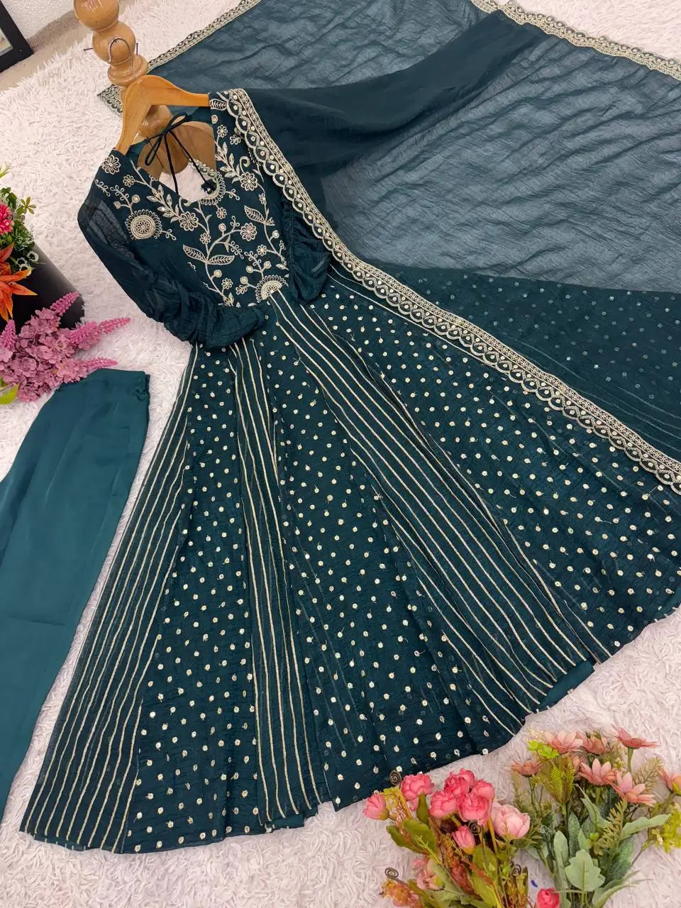 Embroidered Crunchy Silk Anarkali Gown Set with Dupatta