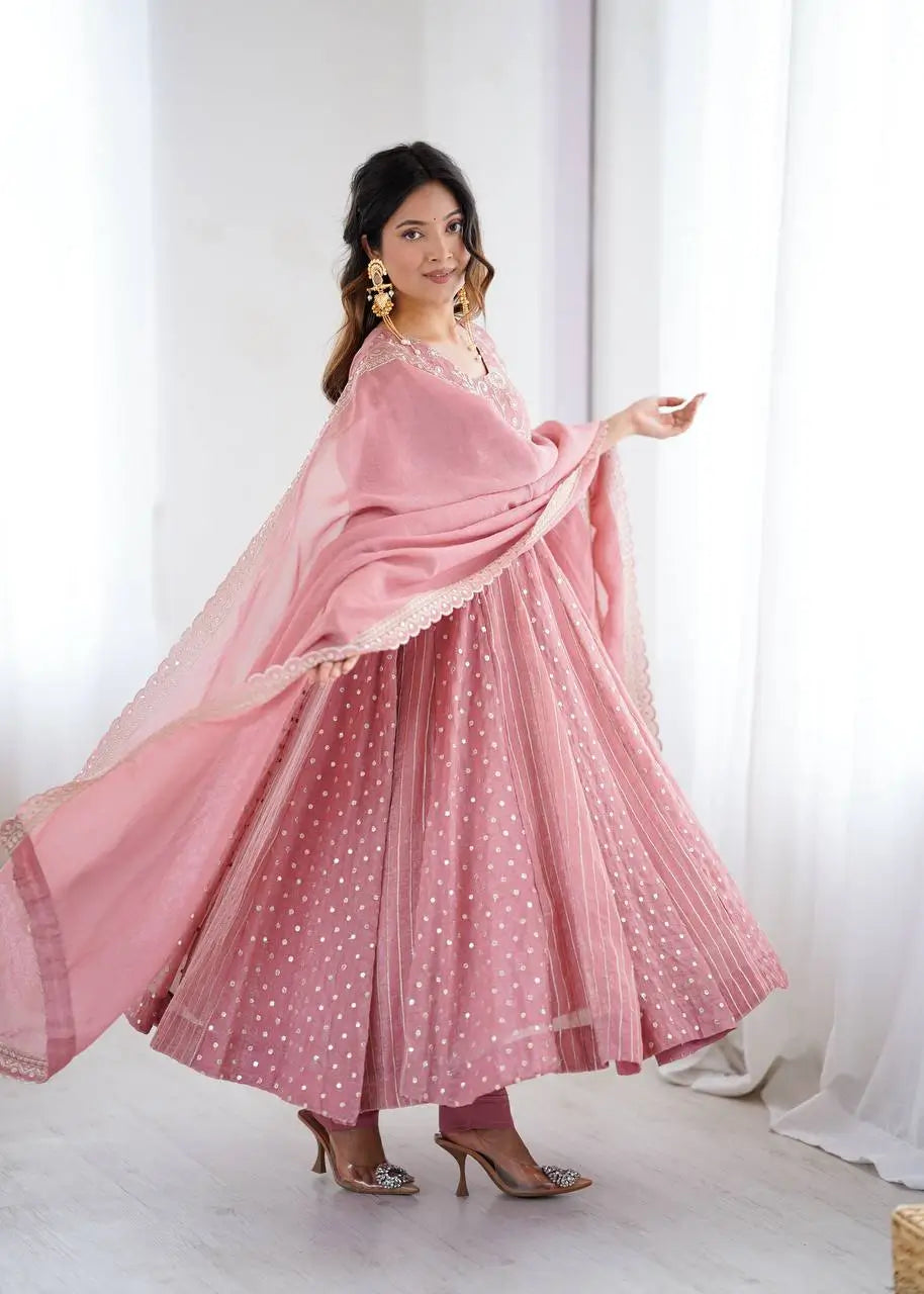 Embroidered Crunchy Silk Anarkali Gown Set with Dupatta