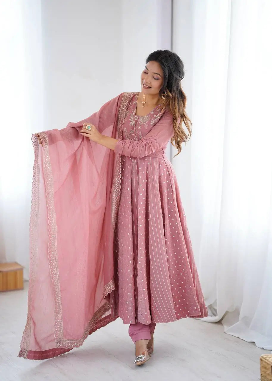 Embroidered Crunchy Silk Anarkali Gown Set with Dupatta