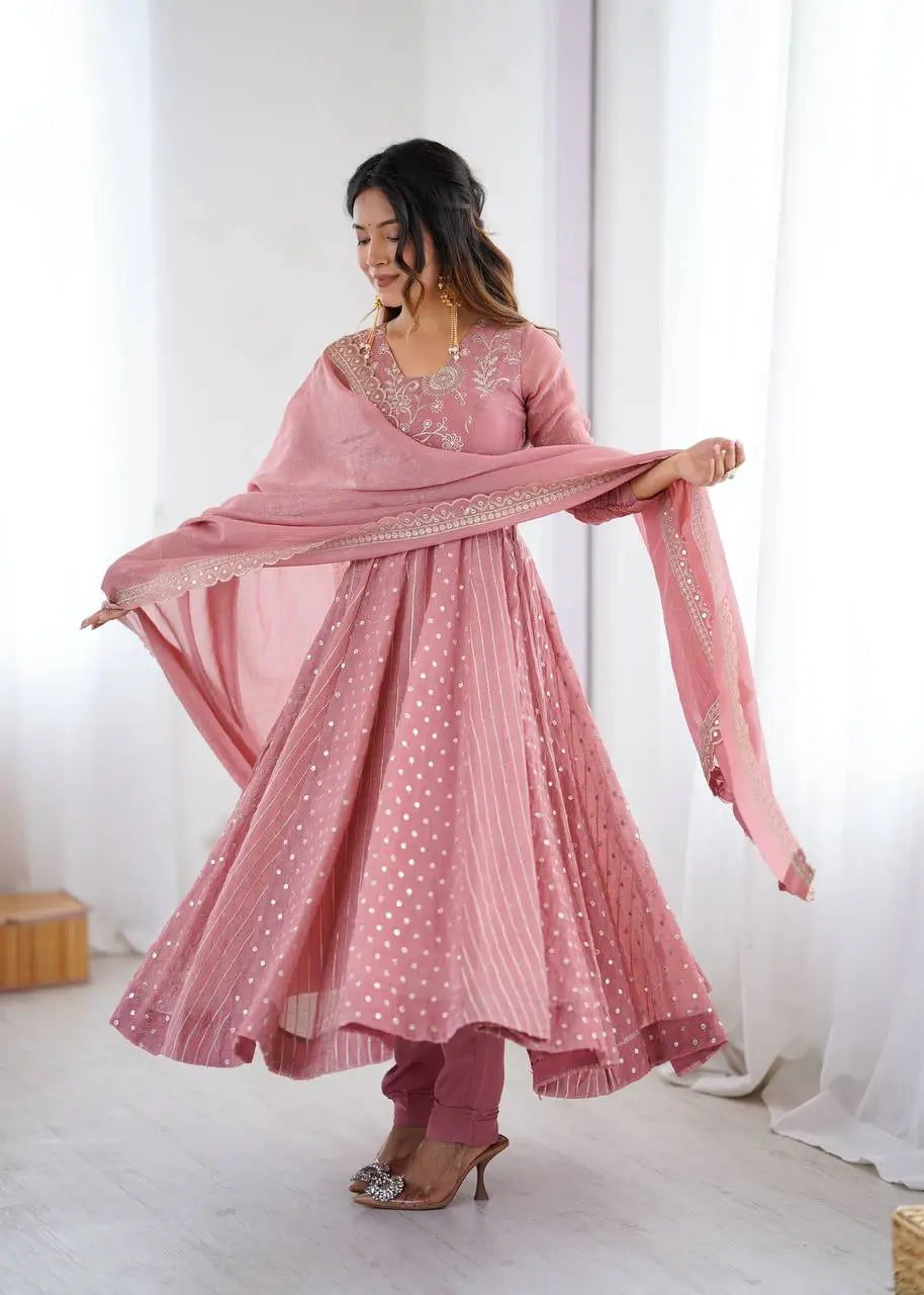 Embroidered Crunchy Silk Anarkali Gown Set with Dupatta