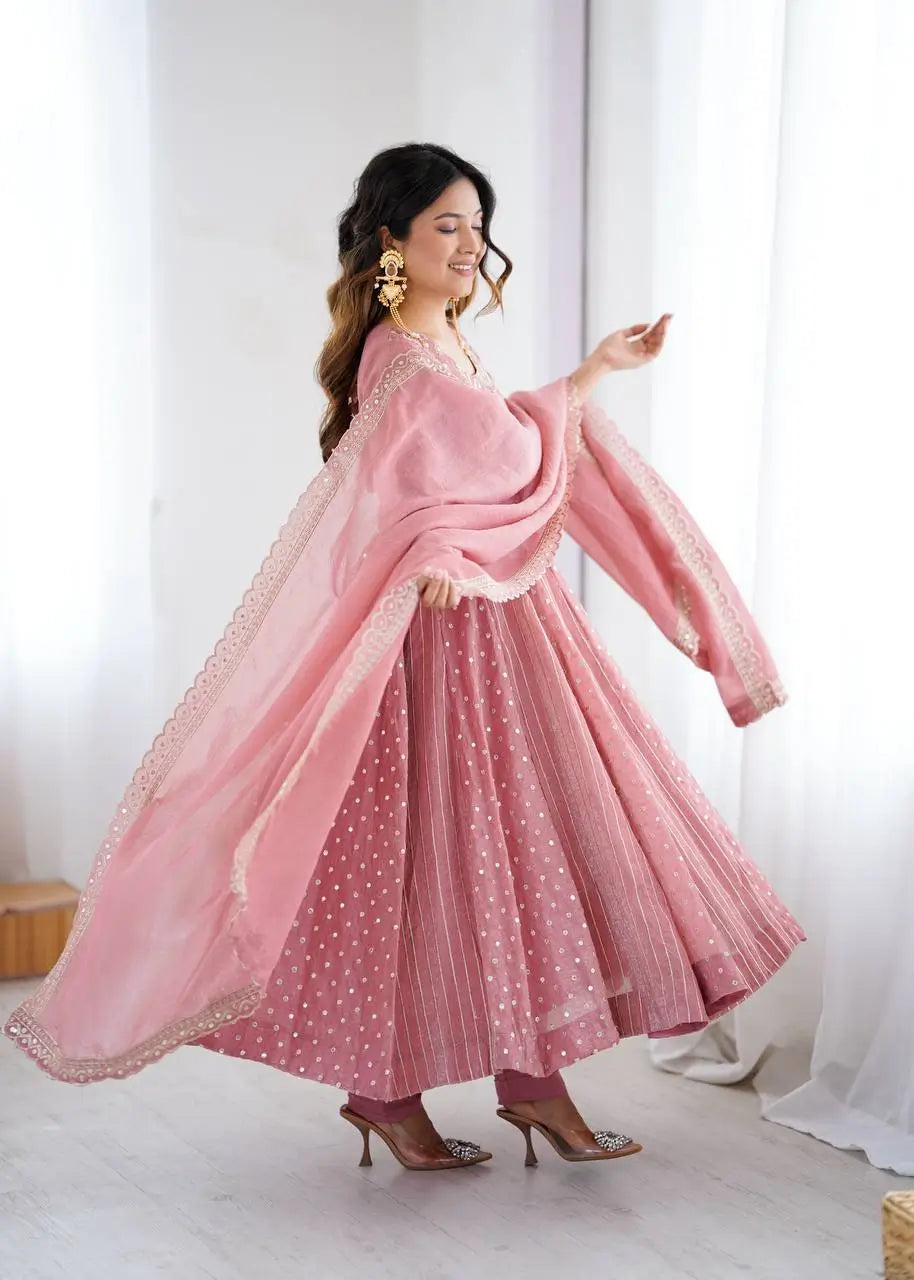 Embroidered Crunchy Silk Anarkali Gown Set with Dupatta