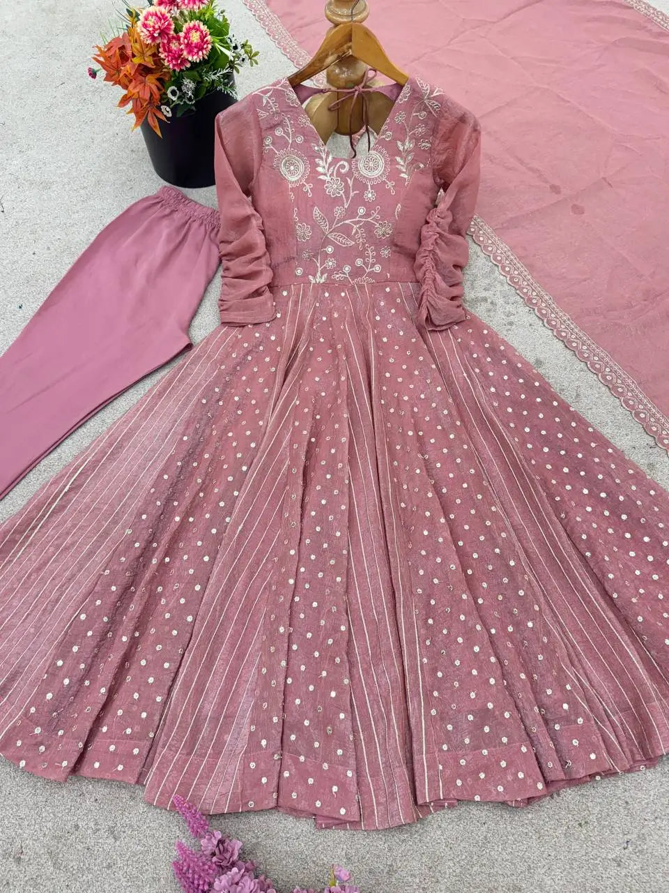 Embroidered Crunchy Silk Anarkali Gown Set with Dupatta