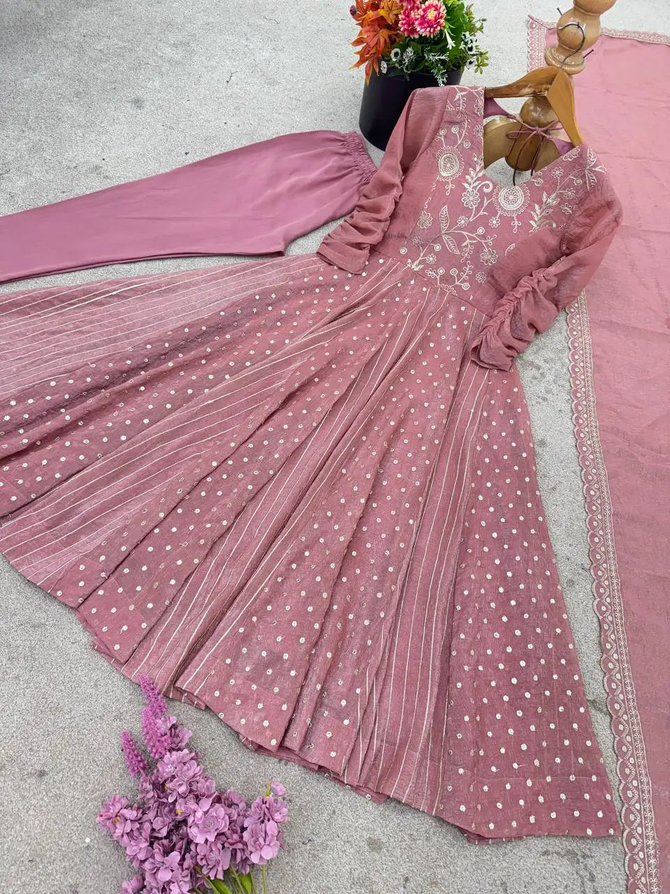 Embroidered Crunchy Silk Anarkali Gown Set with Dupatta