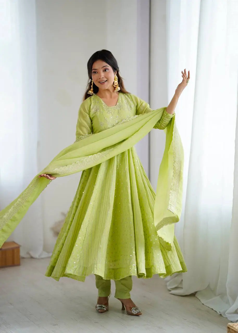 Embroidered Crunchy Silk Anarkali Gown Set with Dupatta