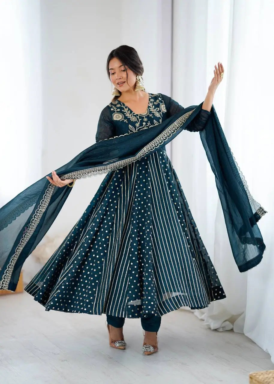 Embroidered Crunchy Silk Anarkali Gown Set with Dupatta