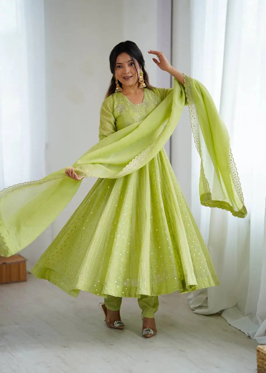 Embroidered Crunchy Silk Anarkali Gown Set with Dupatta