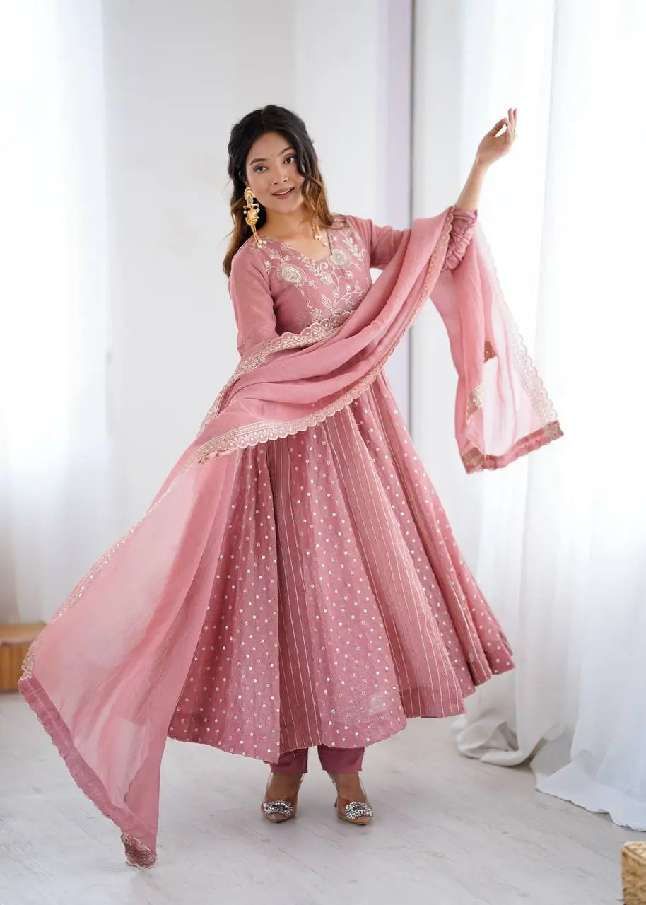 Embroidered Crunchy Silk Anarkali Gown Set with Dupatta