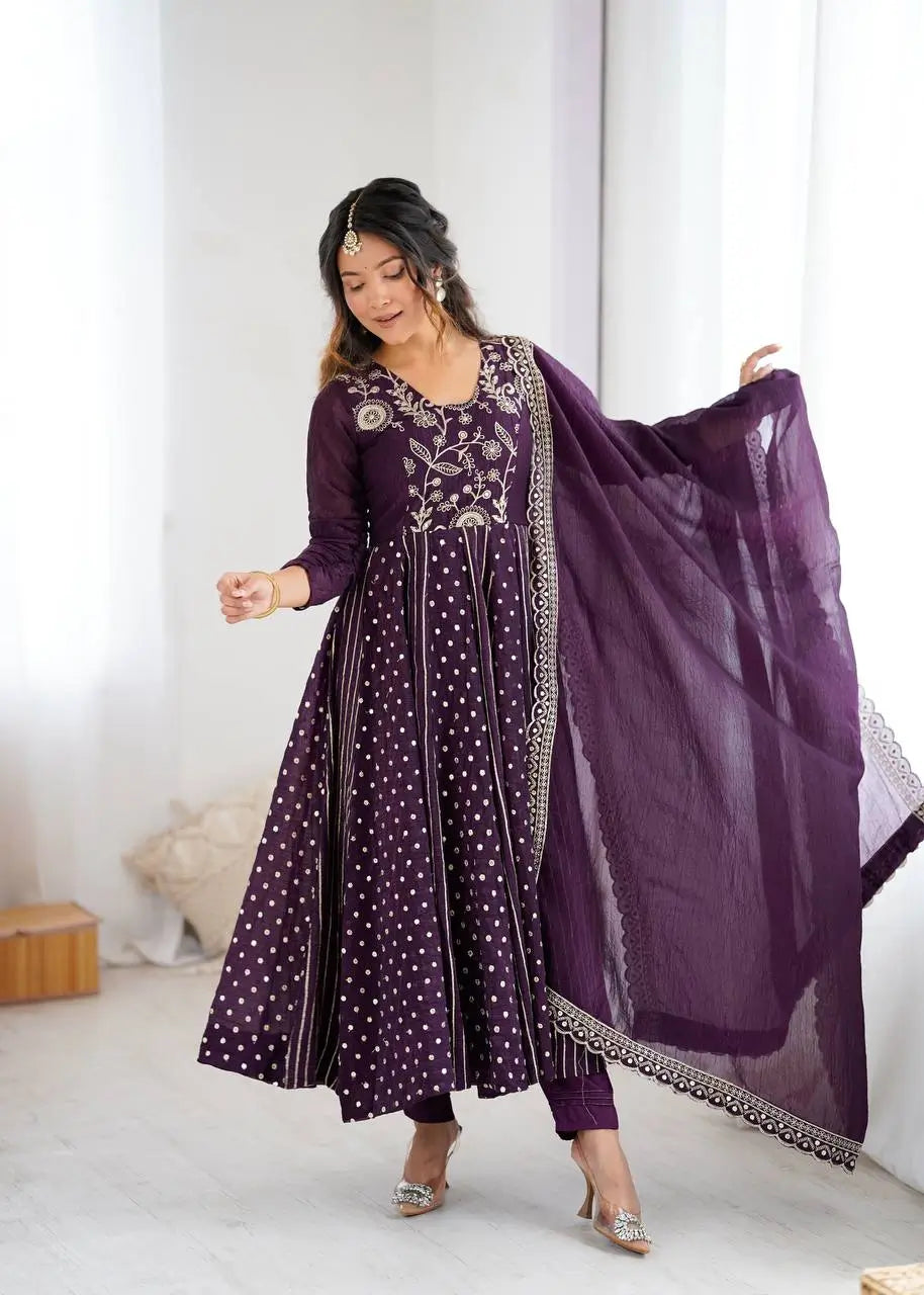 Embroidered Crunchy Silk Anarkali Gown Set with Dupatta