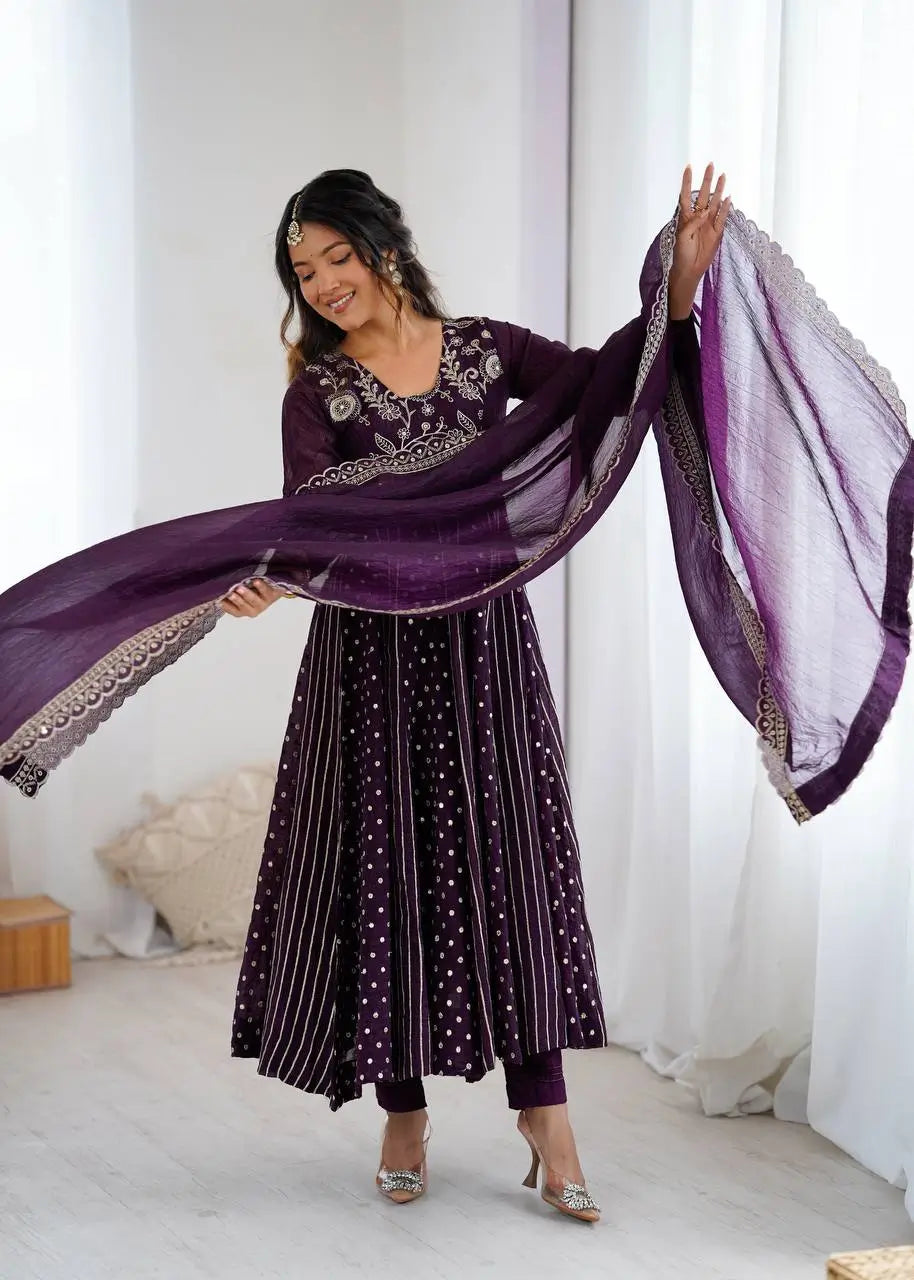 Embroidered Crunchy Silk Anarkali Gown Set with Dupatta