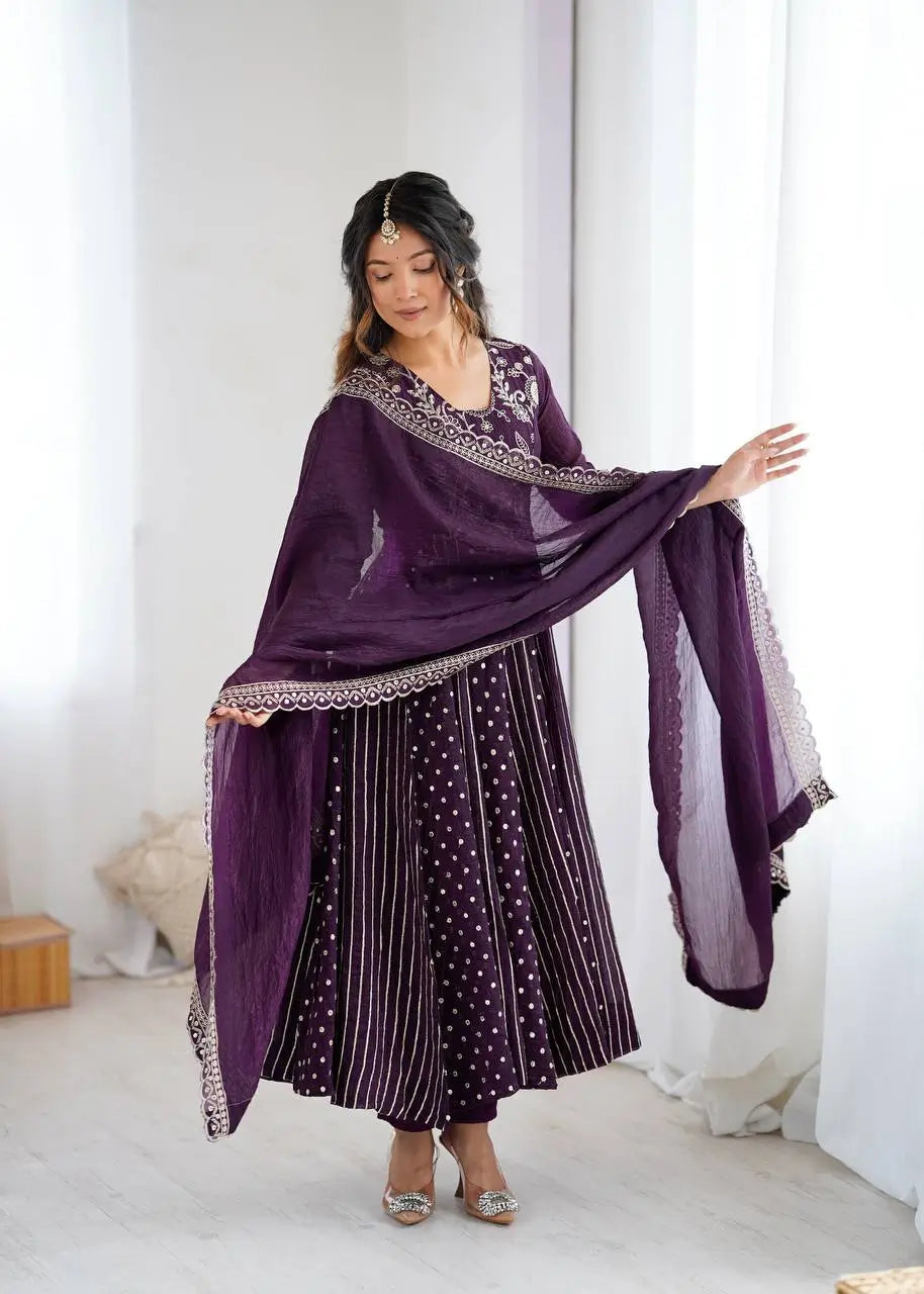 Embroidered Crunchy Silk Anarkali Gown Set with Dupatta