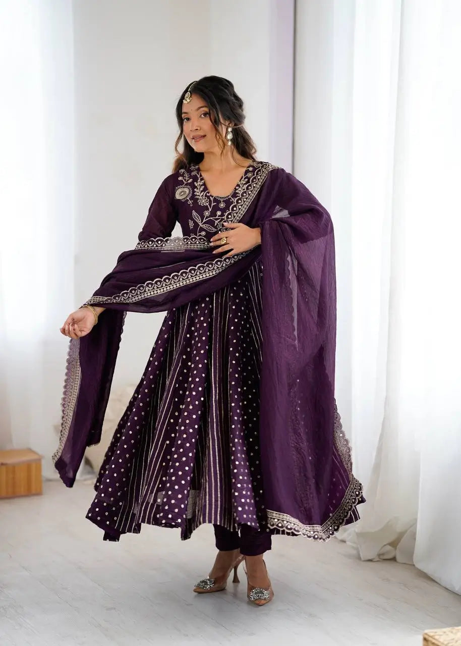 Embroidered Crunchy Silk Anarkali Gown Set with Dupatta