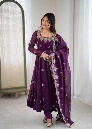 Embroidered Crunchy Silk Anarkali Gown Set