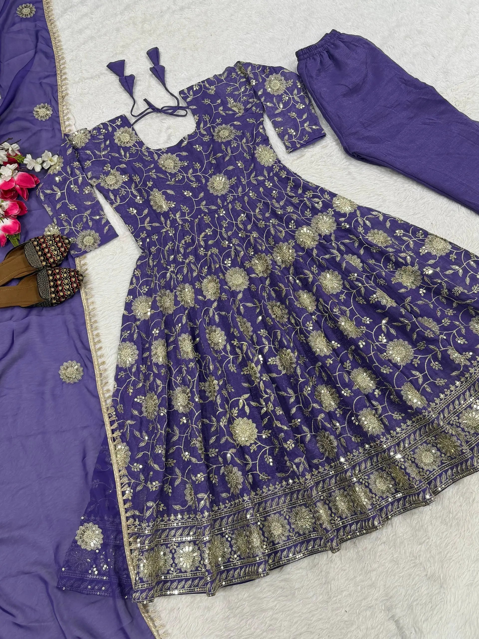 Embroidered Crunchy Silk Anarkali Suit Set