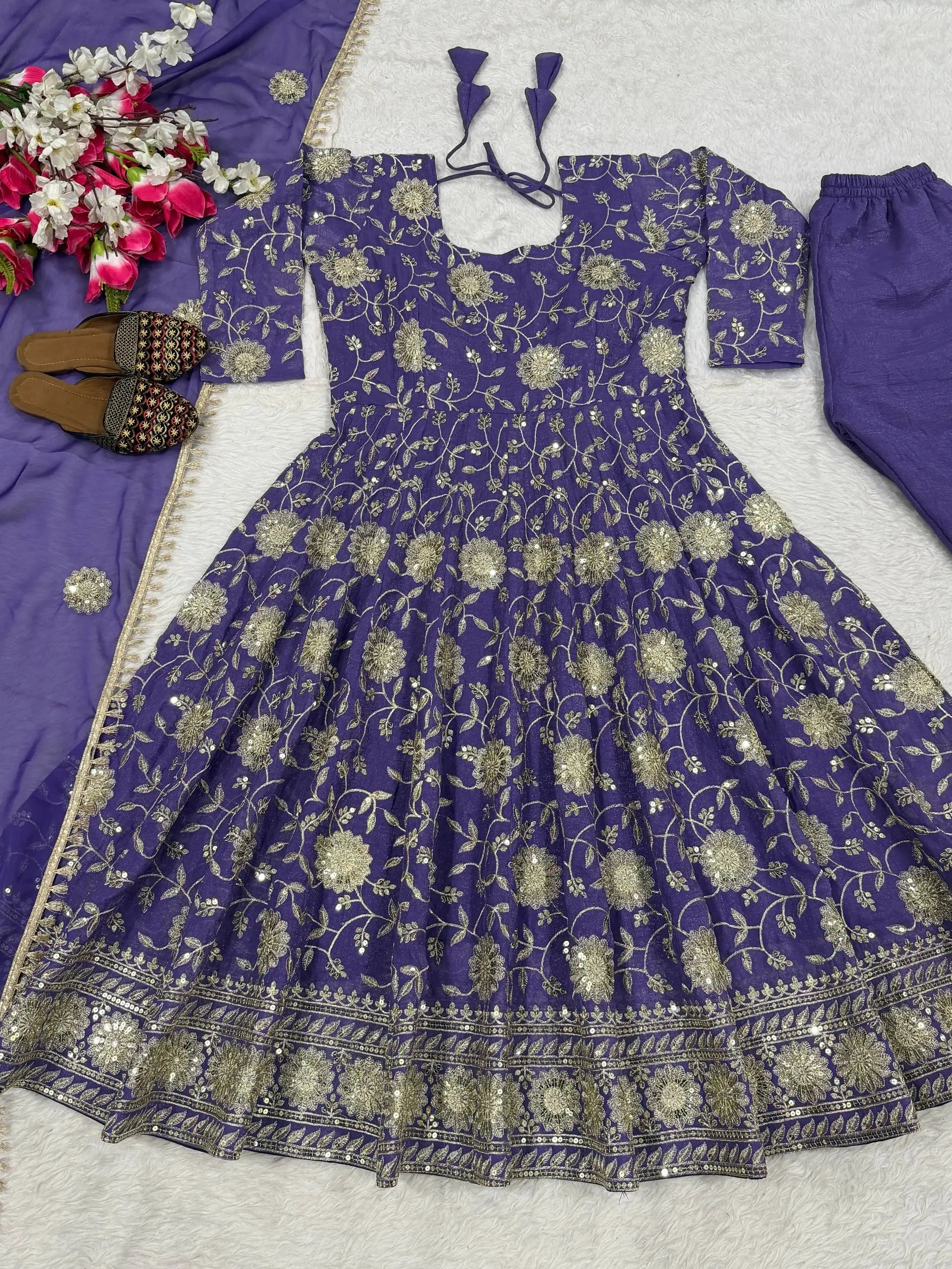 Embroidered Crunchy Silk Anarkali Suit Set