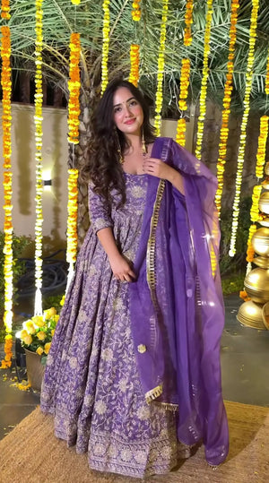 Embroidered Crunchy Silk Anarkali Suit Set