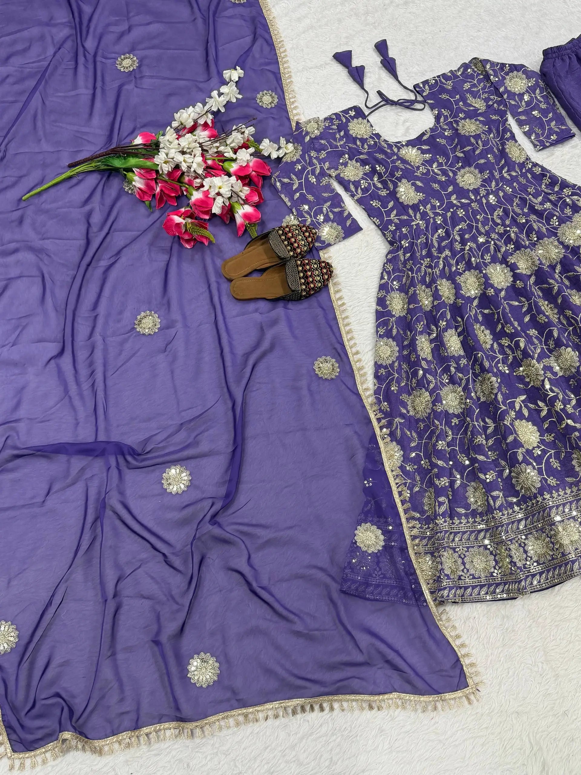 Embroidered Crunchy Silk Anarkali Suit Set