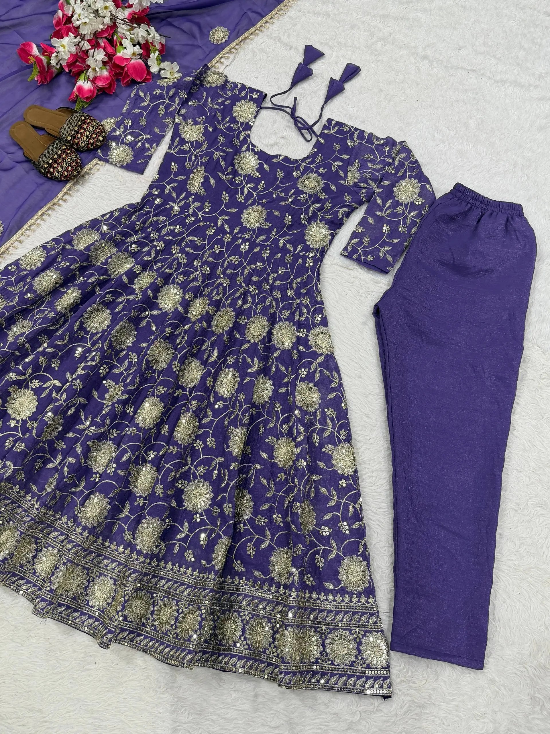 Embroidered Crunchy Silk Anarkali Suit Set
