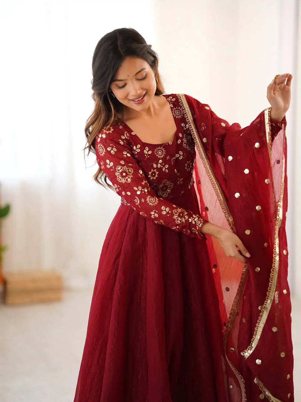 Embroidered Crunchy Silk Anarkali Suit Set with Dupatta