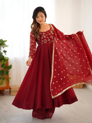 Embroidered Crunchy Silk Anarkali Suit Set with Dupatta
