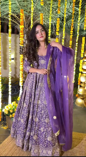 Embroidered Crunchy Silk Anarkali Suit Set
