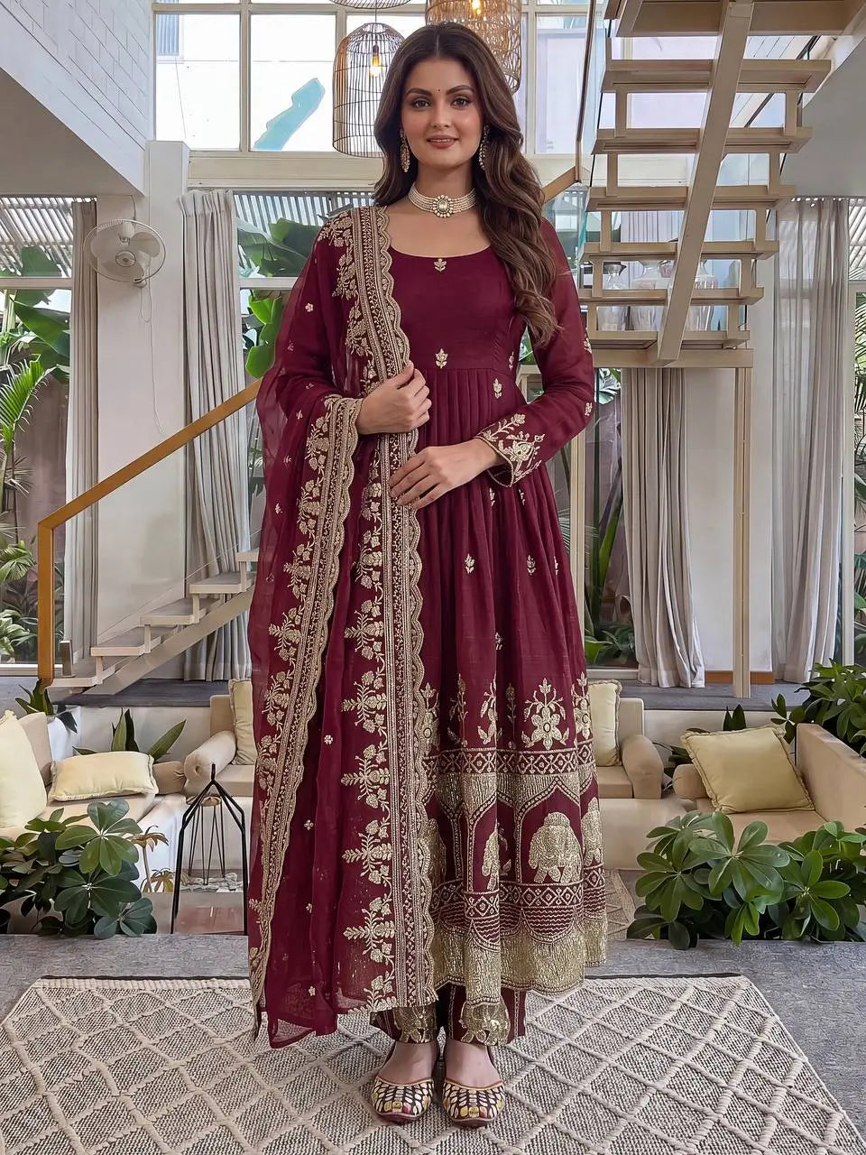 Embroidered Crunchy Silk Gown Set for Festive and Wedding Occasions