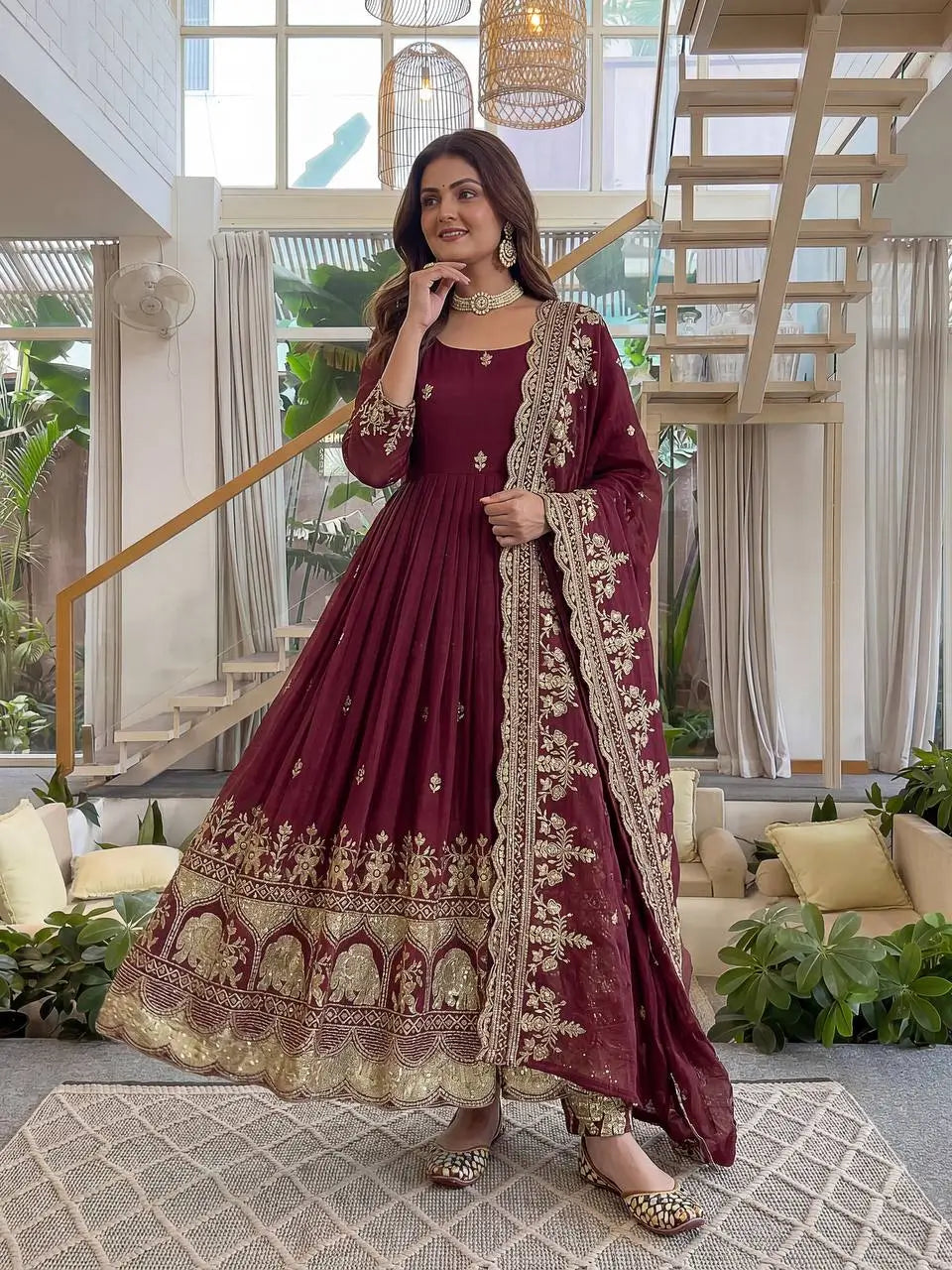 Embroidered Crunchy Silk Gown Set for Festive and Wedding Occasions