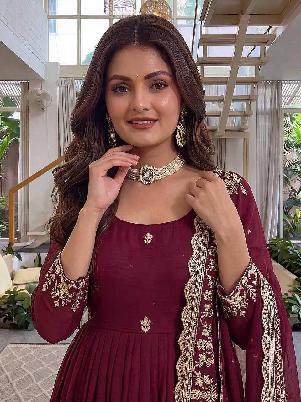 Embroidered Crunchy Silk Gown Set for Festive and Wedding Occasions