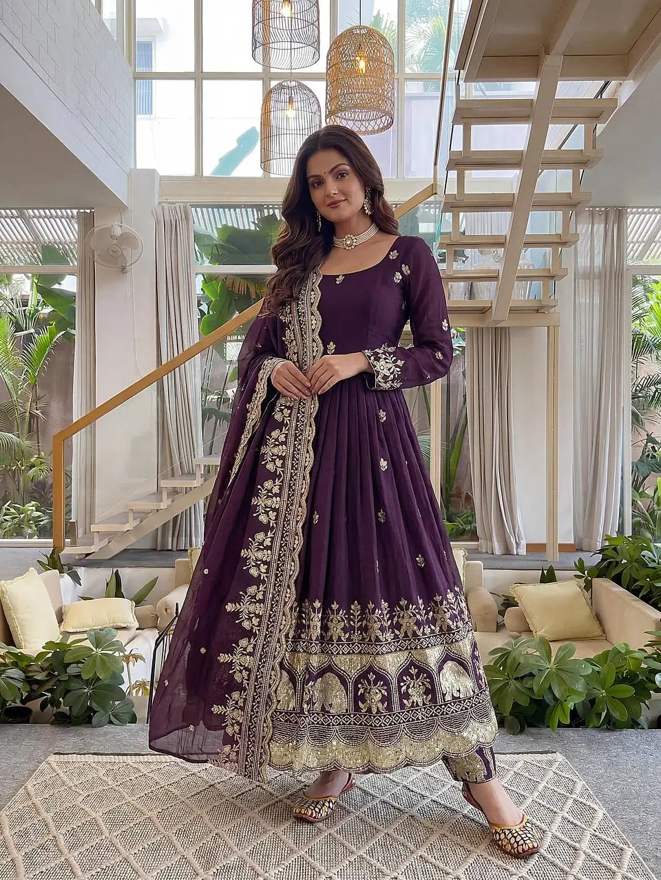 Embroidered Crunchy Silk Gown Set for Festive and Wedding Occasions