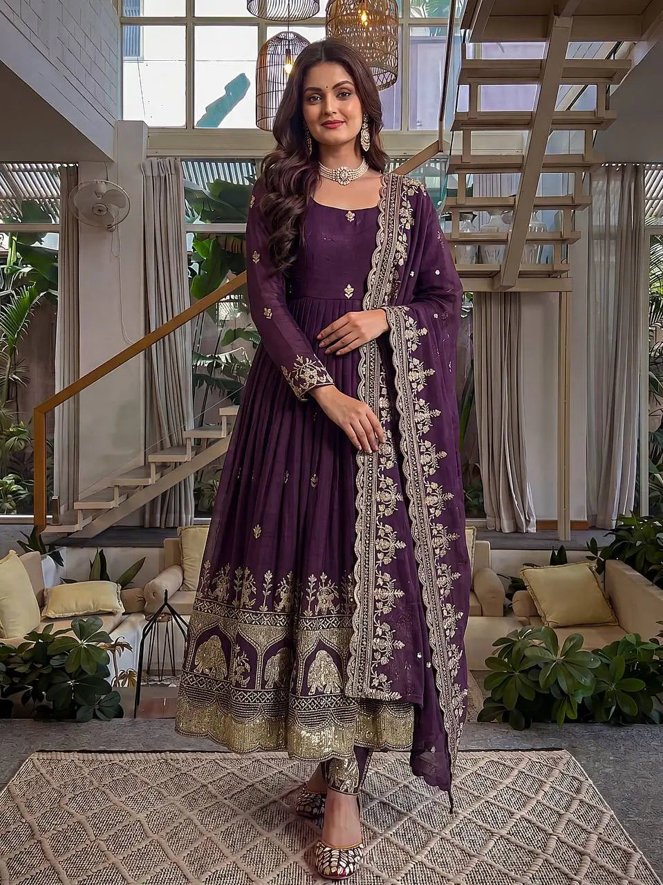Embroidered Crunchy Silk Gown Set for Festive and Wedding Occasions