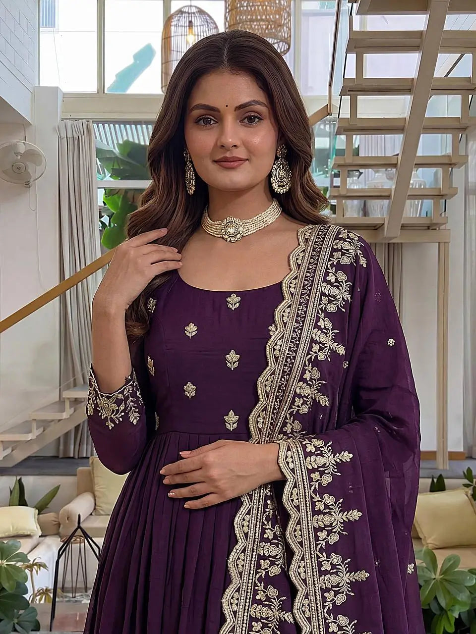 Embroidered Crunchy Silk Gown Set for Festive and Wedding Occasions
